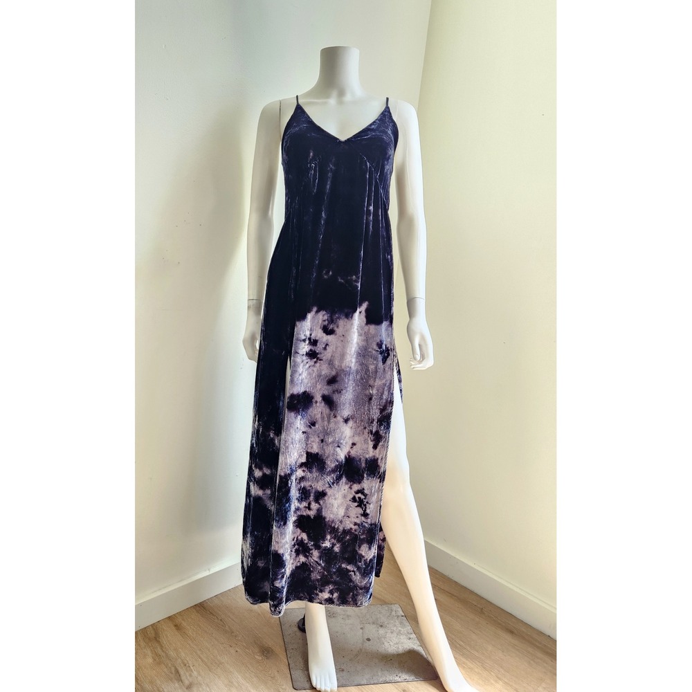 YFB Velvet Silk Midi Slip Dress Double Slit Women XS Navy Tie Dye Whimsigoth Y2K